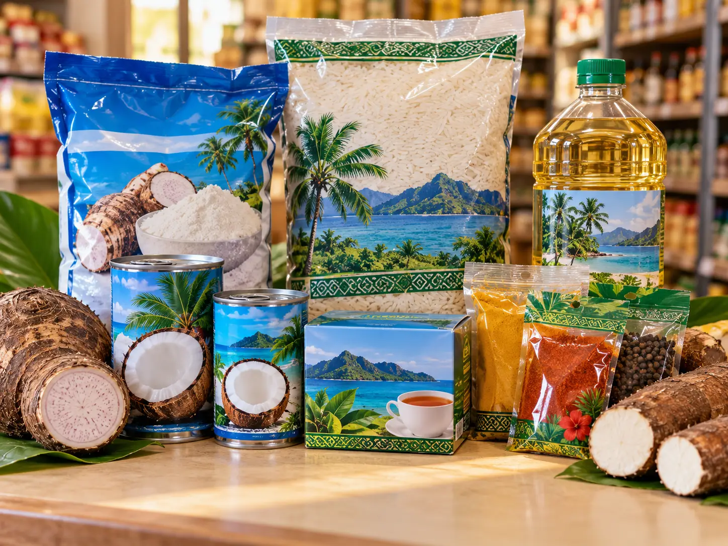 Fijian pantry groceries with cassava and dalo